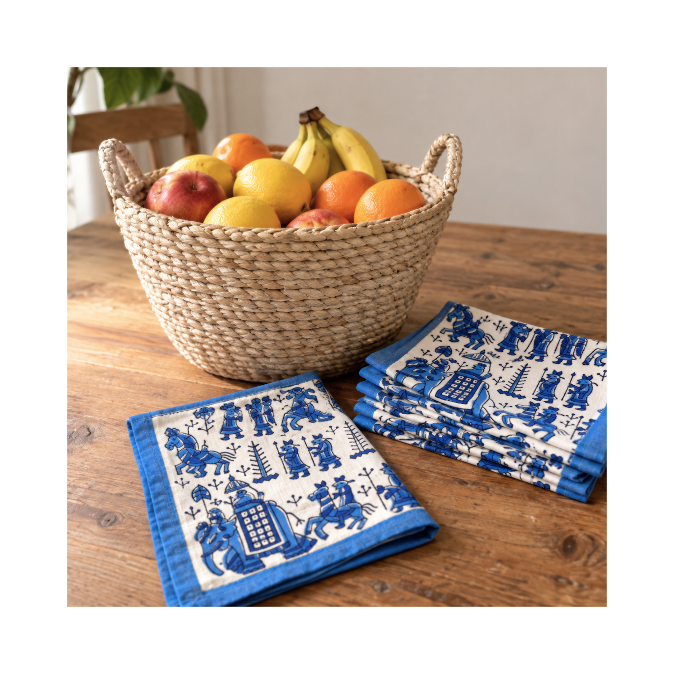 Large Jute Fruit Bowl & Set of 6 Handmade Napkins Bundle