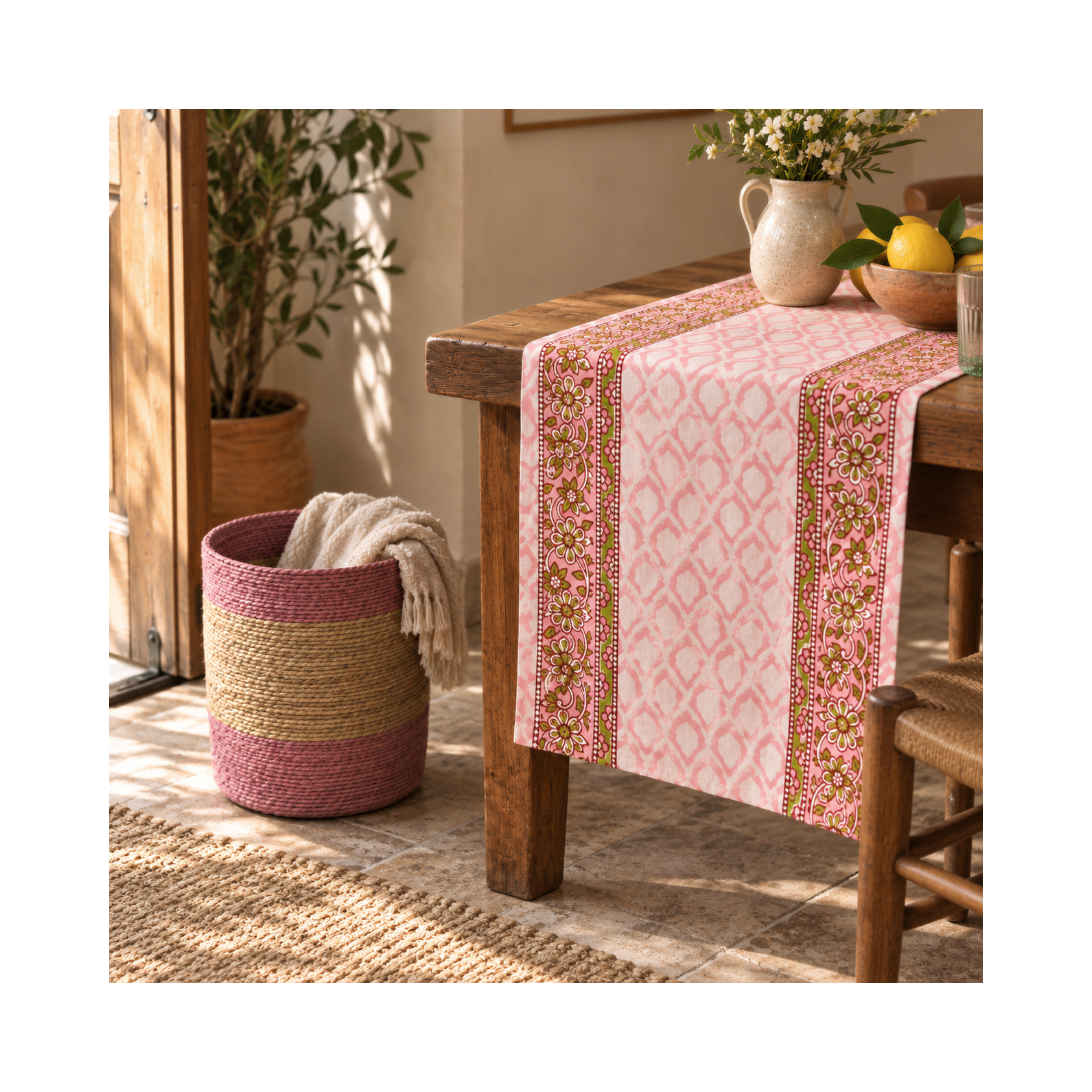 Jute Basket & Handmade Table Runner Bundle