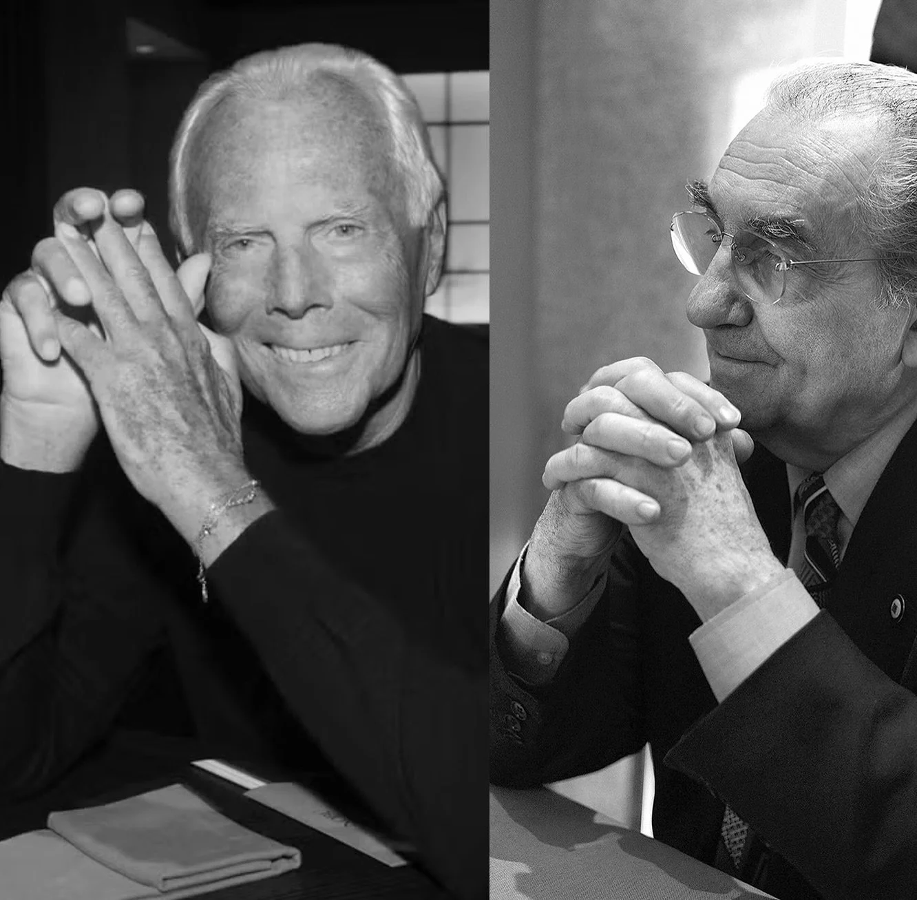 Giorgio Armani e Gualtiero Marchesi, qui ritratti in pose simili, si incontrarono l’ultima volta casualmente circa 10 anni fa al Castello di Rivalta. In quella occasione Marchesi si complimentò con Armani per il suo stile nella moda, sem