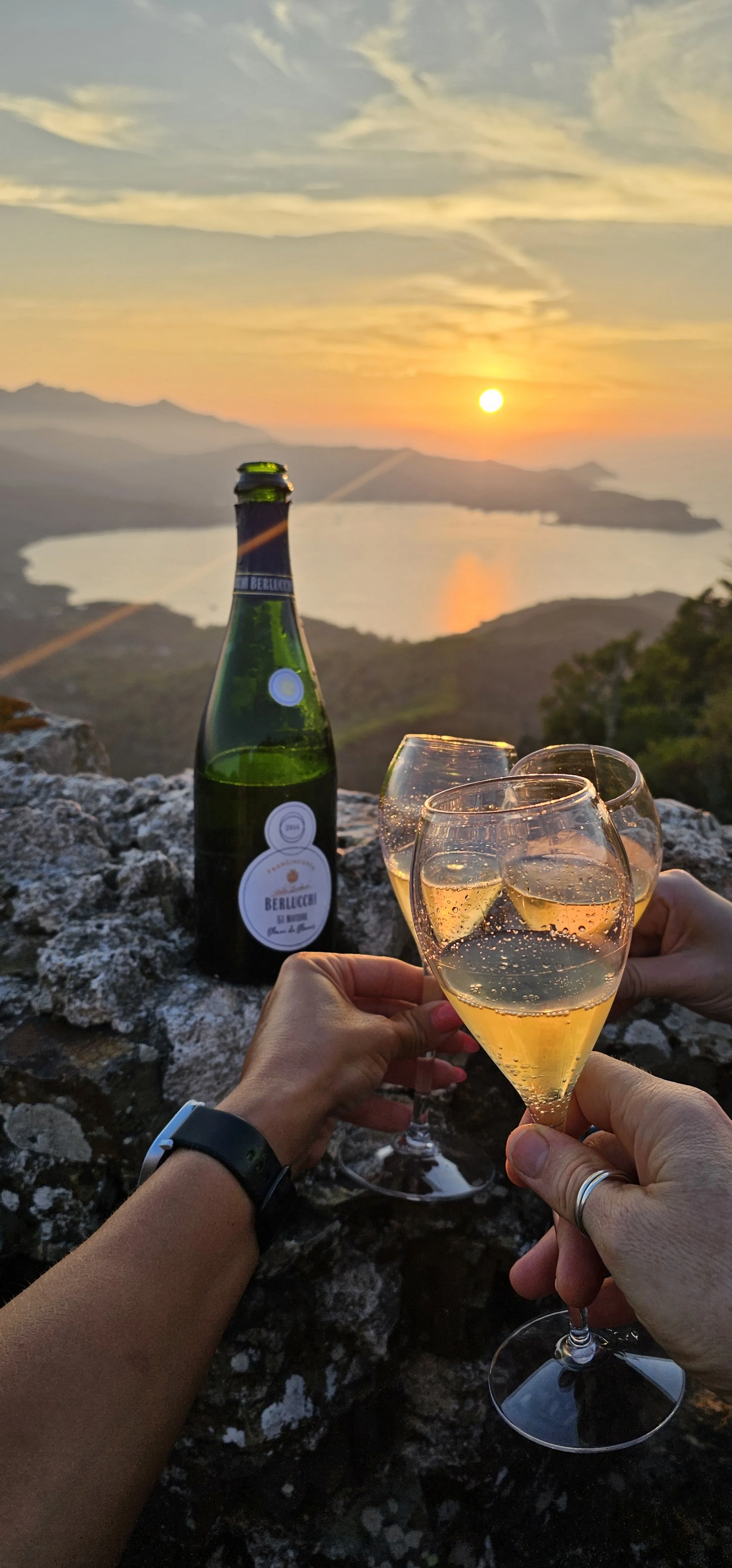 Tre persone brindano con bicchieri di champagne durante un tramonto con vista su un lago, con una bottiglia di champagne sullo sfondo.