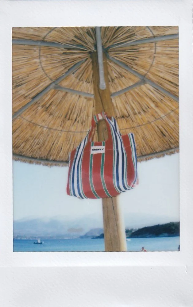Under a straw beach umbrella, a striped bag hangs from the center pole, with a scenic beach and mountains in the background.