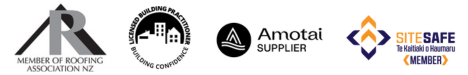 Logos of roofing industry organizations and safety standards, including Member of Roofing Association NZ, Building Practioners Board, Amotai Supplier, and Site Safe to Kaitahiaki at Kaitaia.