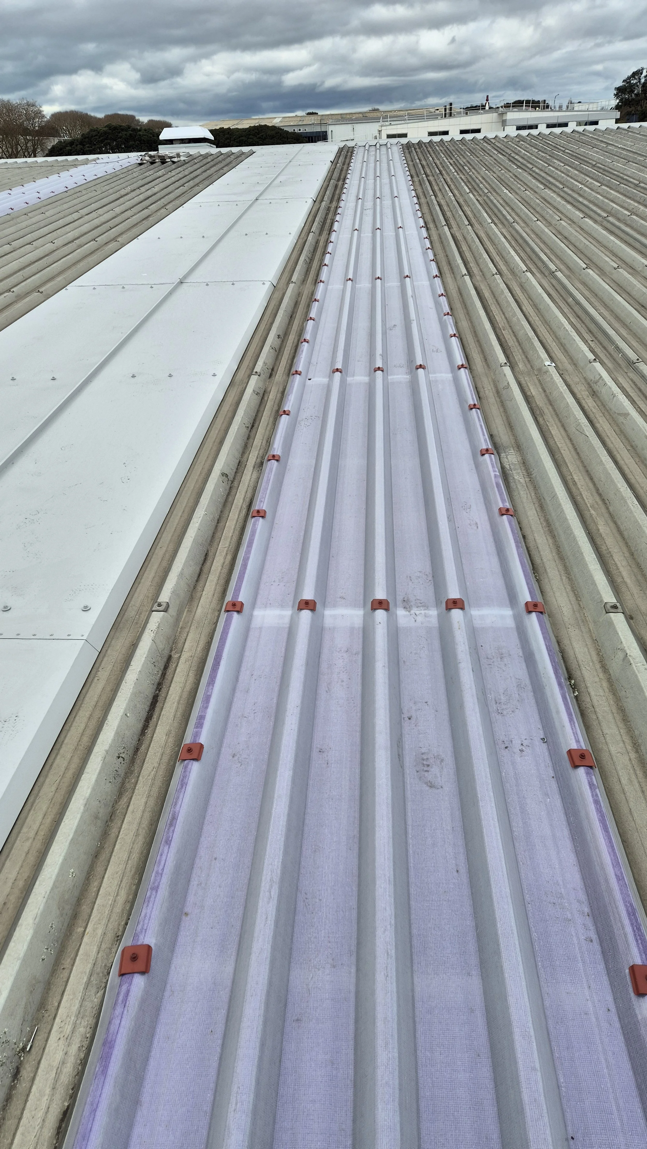 Commercial skylight with red fixings to visible identify skylight on roof.