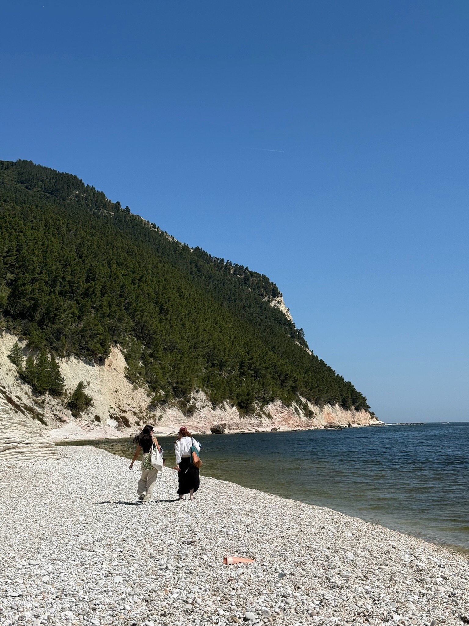 Due persone camminano su una spiaggia di ciottoli, affiancate dal mare e da scogliere ricoperte di alberi, sotto un cielo azzurro.