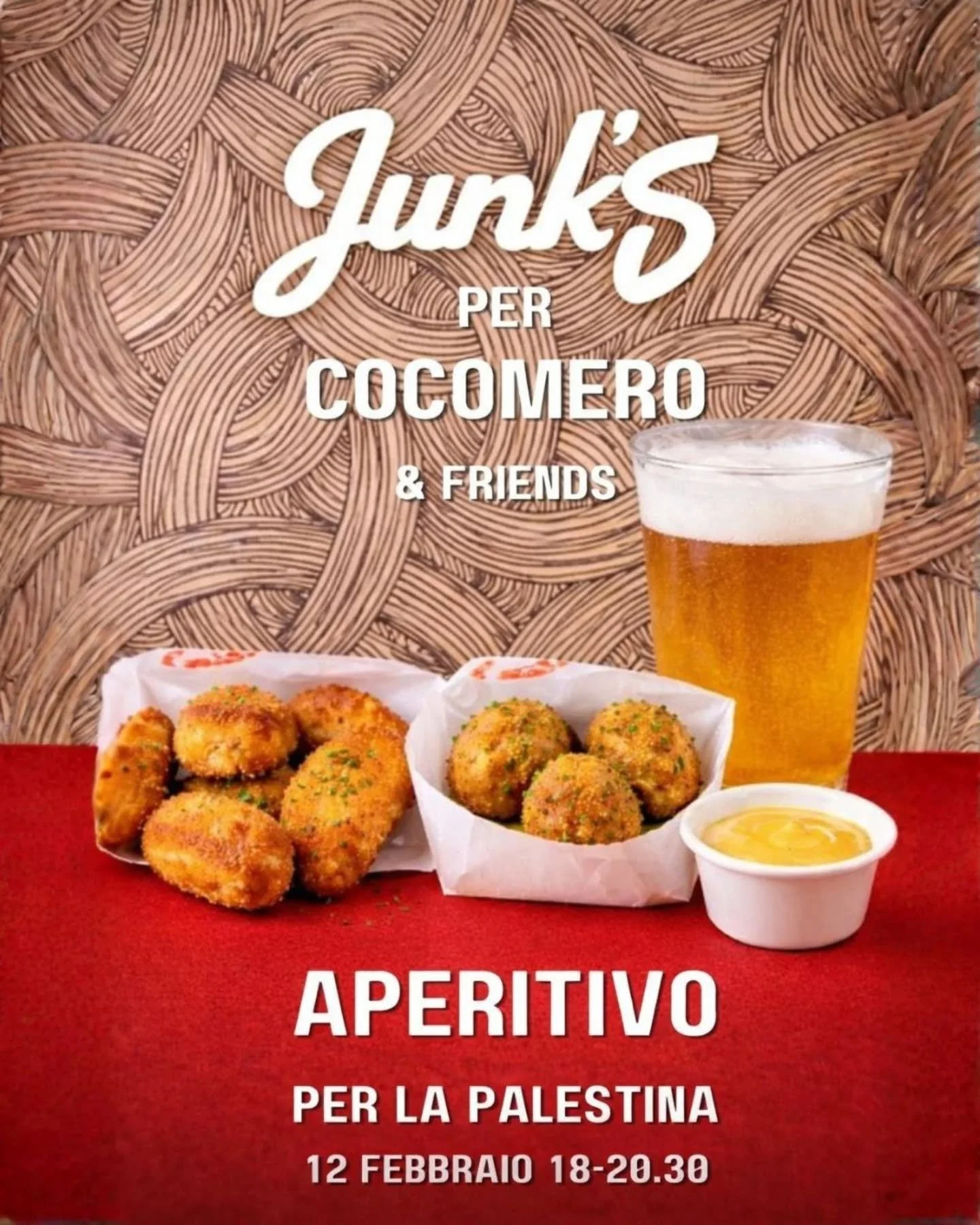 Insieme a @cocomero.ebook, un progetto di volontariato nato da un gruppo di foodblogger per aiutare le famiglie palestinesi, abbiamo organizzato un aperitivo speciale da Junk&rsquo;s.

Vi offriremo i nostri famosi NoChicken Nuggets, delle sorprendent