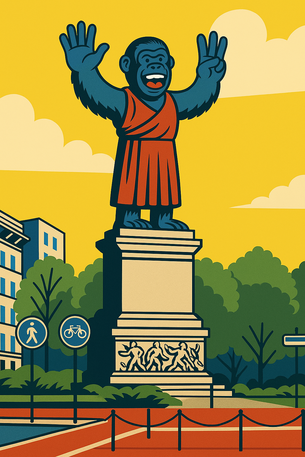 Illustration of a large statue of a smiling gorilla dressed in a red robe, standing on a pedestal in a park with trees, bike, and pedestrian signs, against a yellow sky with clouds.