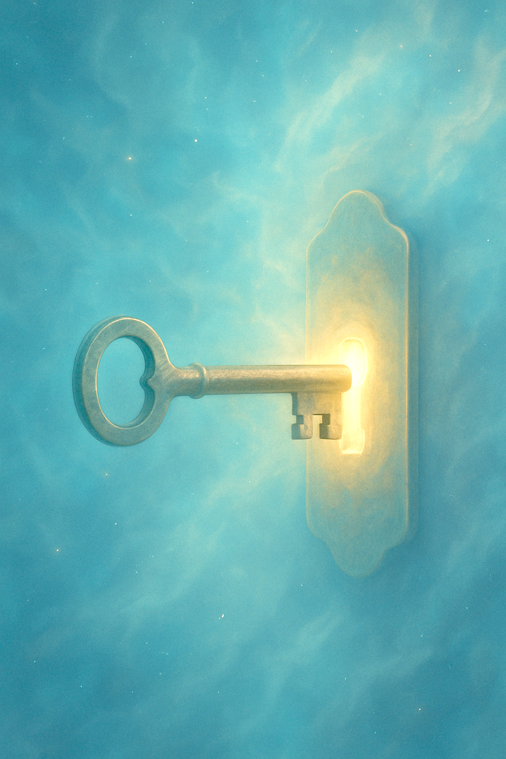 Golden key inserted into a glowing blue keyhole with a celestial background.