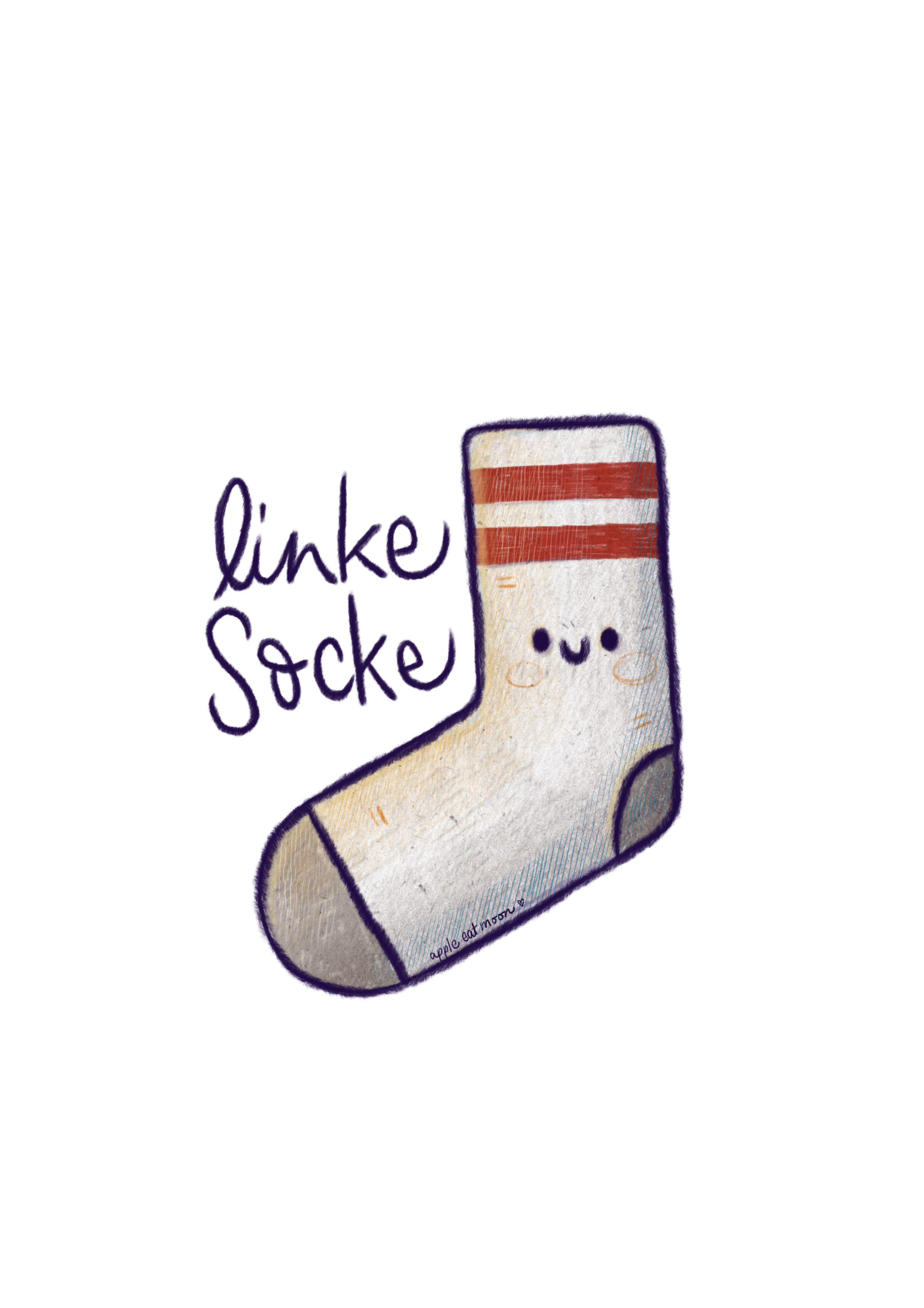 Ein lustiges, handgezeichnetes Bild eines Socken mit einem lachenden Gesicht und dem Text 'linke Socke'.