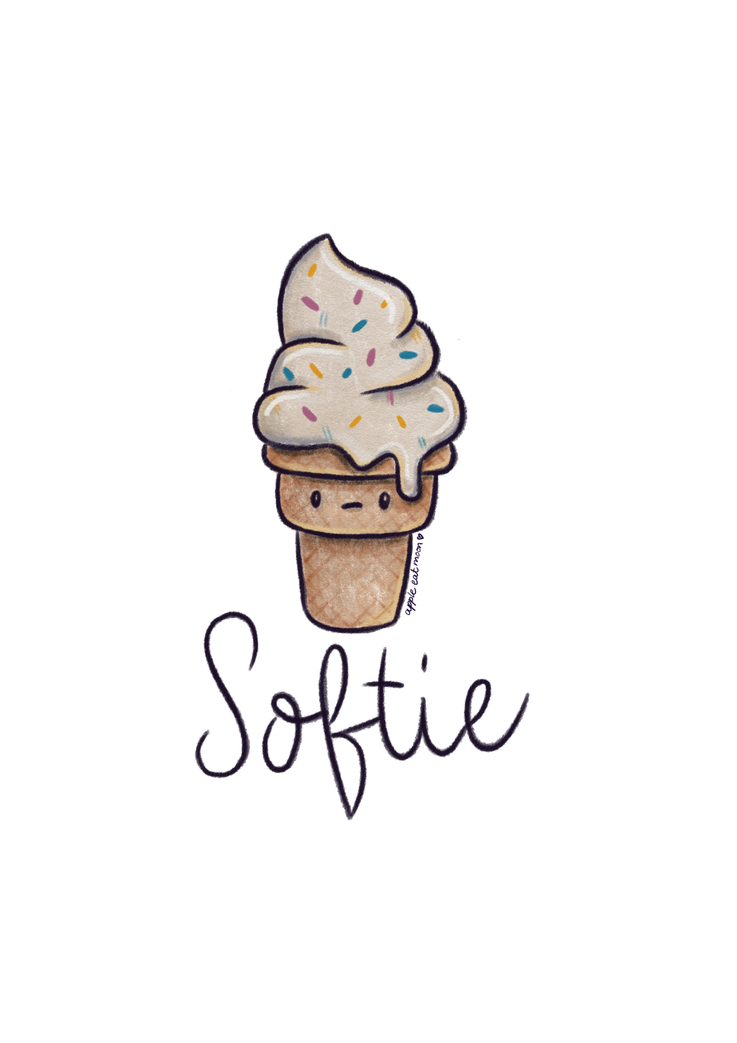 Eine Sticker-Grafik eines Softeis mit Gesicht. Darunter steht der Name "Sofie" in handgeschriebener Schrift.