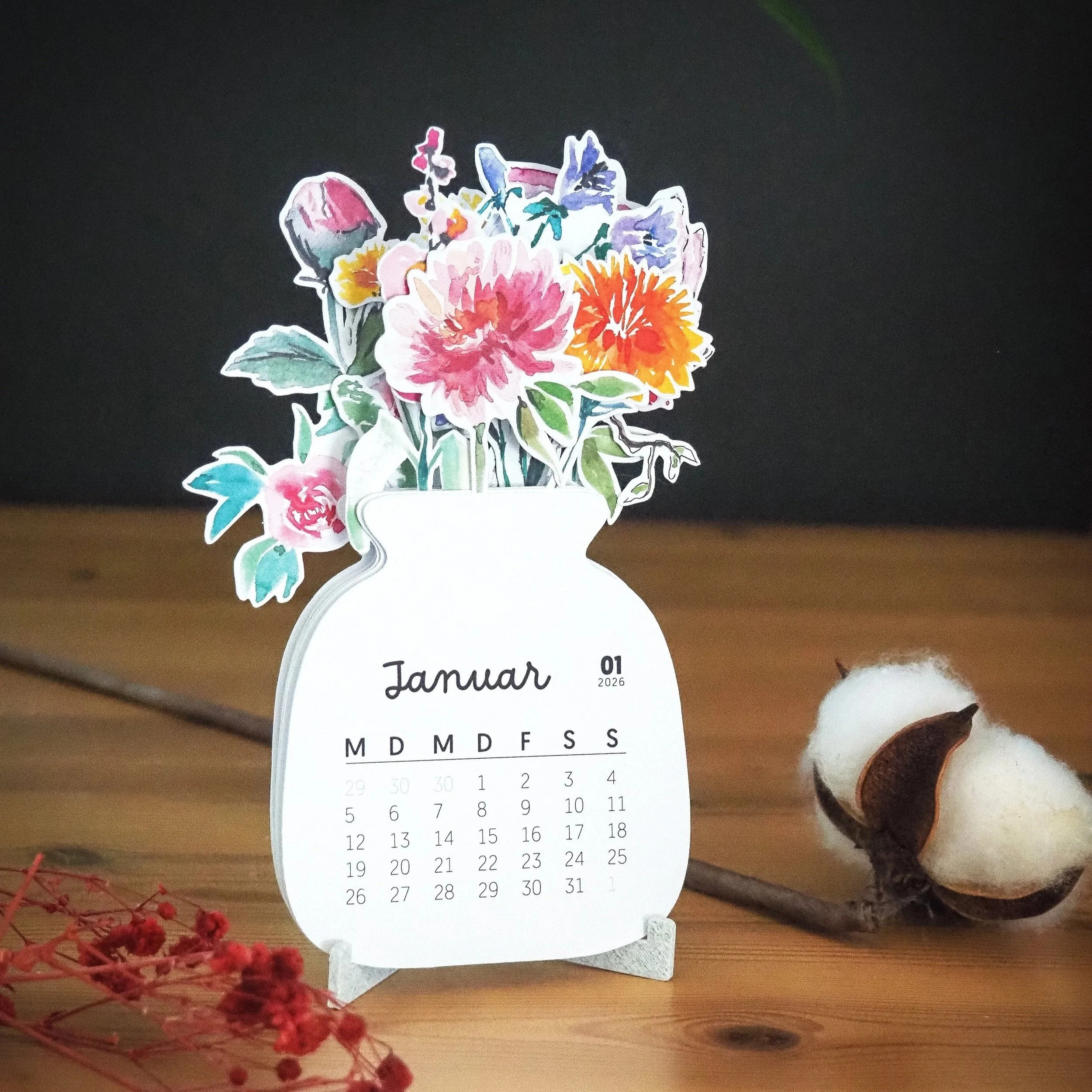 Aquarell Blumen Tischkalender 2026
