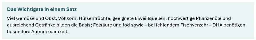 Text über die wichtigsten Aspekte einer gesunden Ernährung, inklusive Gemüse, Vollkorn, Hülsenfrüchte, Omega-3-Fettsäuren und Wasser.