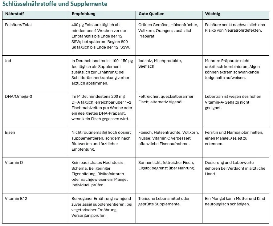 Tabelle mit Empfehlungen und Quellen für essentielle Nährstoffe und Supplemente, inklusive Folsäure, Jod, DHA/Omega-3, Eisen, Vitamin D und Vitamin B12.