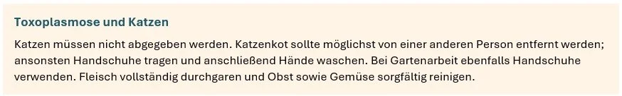 Textabschnitt in Deutsch über die Vermeidung von Katzenkot und Toxoplasmose, einschließlich Hygienevorschriften für den Umgang mit Katzen und deren Ausscheidungen.
