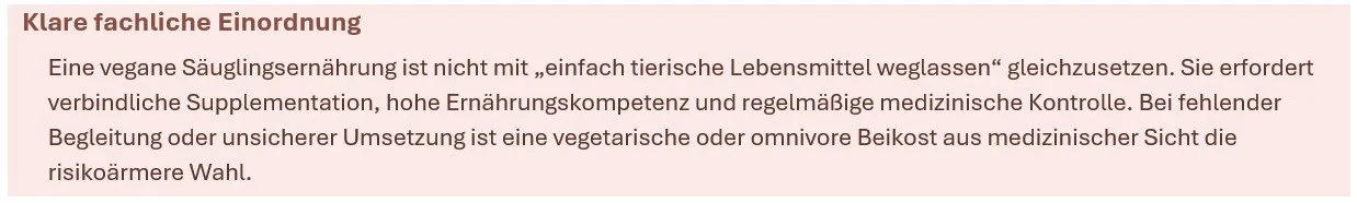 Textblock mit dem Titel "Klare fachliche Einordnung" und dem Text, der die Unterschiede zwischen veganer Säuglingsnahrung und herkömmlicher Ernährung beschreibt.
