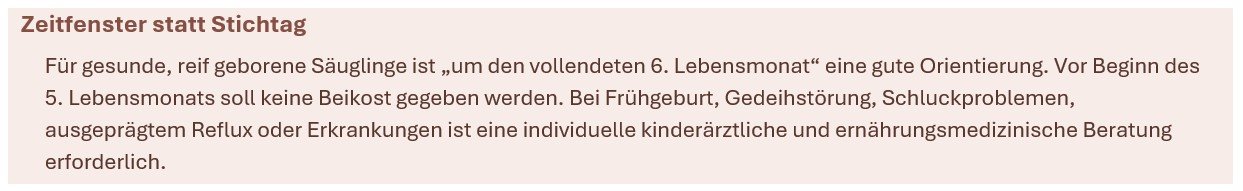 Textabschnitt mit dem Titel 'Zeitenfenster statt Stichtag' und Inhaltsbeschreibung zur Ernährungsempfehlung für Säuglinge im sechsten Lebensmonat.