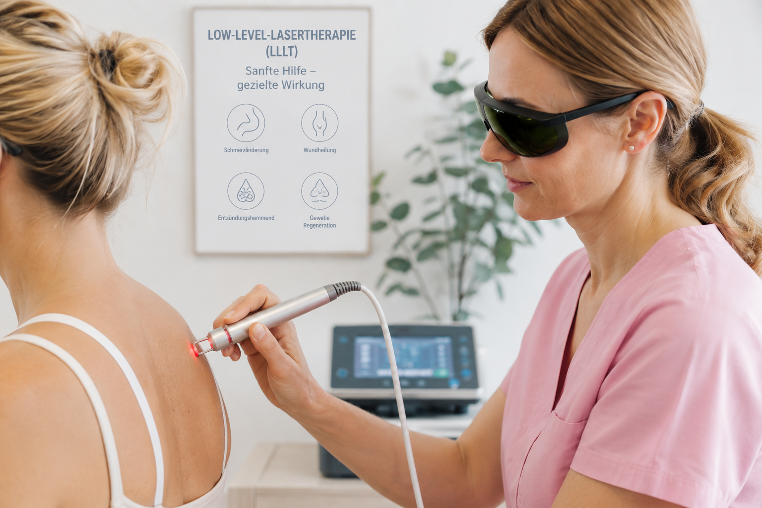 Ärztin führt Low-Level-Lasertherapie an Patientin eng in einer medizinischen Praxis durch, im Hintergrund ein Informationsschild und ein Bildschirm with medizinische Geräte.