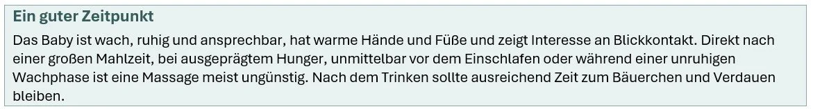 Textblock mit Tipps für eine ruhige und glückliche Babypflege, inklusive Kontakt mit dem Baby, Mahlzeiten und Ruhezeiten.