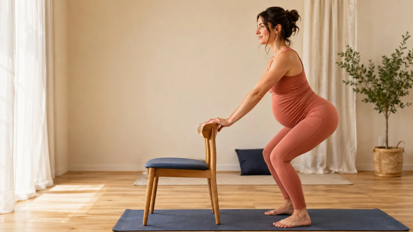 Eine schwangere Frau macht eine Übung mit einem Stuhl auf einem Yogamattenboden in einem hellen Raum. Sie beugt sich nach vorne, hält sich an der Rückenlehne des Stuhls fest und ist in einem Yoga- oder Pilates-Posen. Im Hintergrund sind Vorhänge, ein Kissen und eine Topfpflanze sichtbar.
