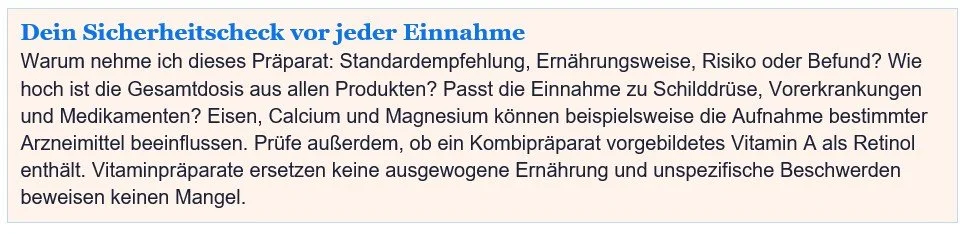 Text über Sicherheit und Nahrungsergänzungsmittel, Diskussion über Dosierung, Risiken, Medikamente, Vitamine und Vitaminen in Kombinationen.