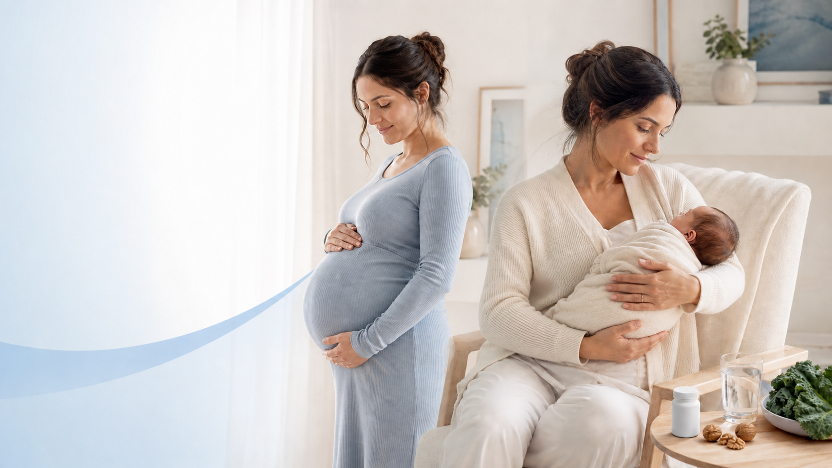 Eine schwangere Frau steht an einem Fenster, während eine Mutter im Schneidersitz sitzt und ein Baby hält.