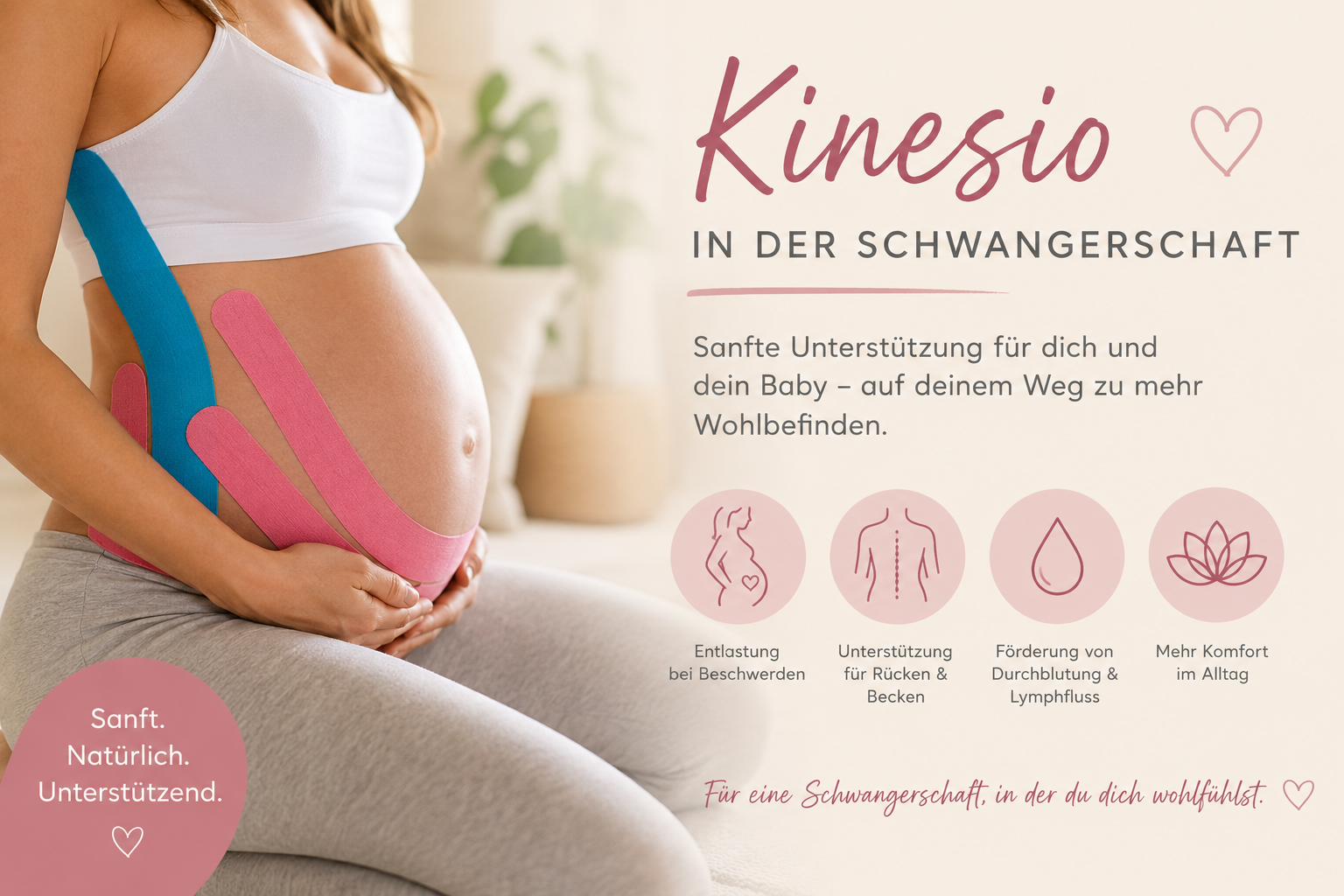 Schwangere Frau mit bunten Kinesiologie-Tapes auf dem Bauch, im Hintergrund Pflanzen und ein helles Zimmer, Marketingbild für Schwangerschaftsbegleitung mit Text zur Unterstützung während der Schwangerschaft.