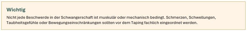 Der Text erklärt, dass Beschwerden in der Schwangerschaft muskulär oder mechanisch bedingt sind, und empfiehlt eine fachgerechte Einordnung von Schmerzen, Schwellungen, Taubheitsgefühlen oder Bewegungseinschränkungen.