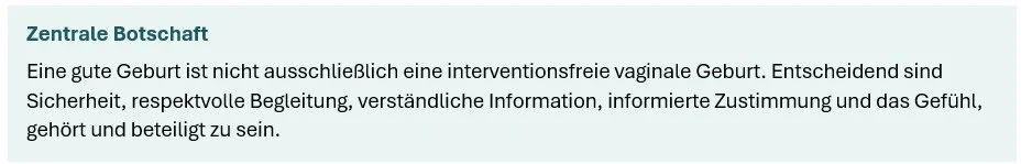 Der Textabschnitt beschreibt die Bedeutung einer guten Geburt, die nicht nur eine interventionfreie vaginale Geburt ist, sondern auch Sicherheit, verständliche Informationen, informierte Zustimmung und das Gefühl, gehört und beteiligt zu sein.
