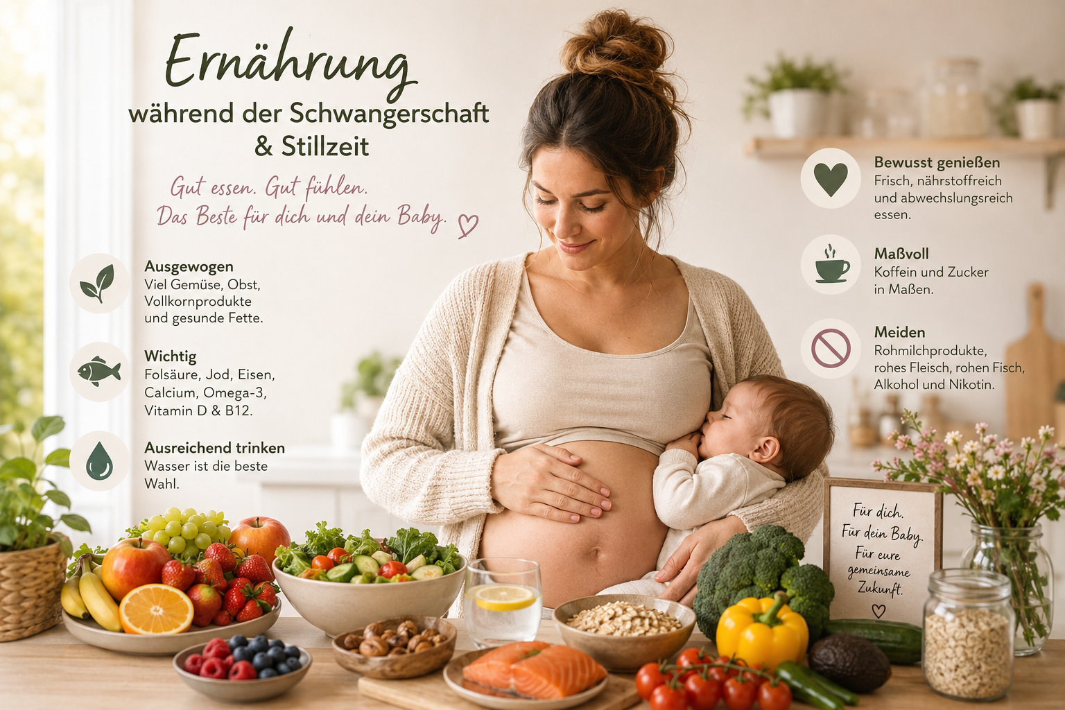 Eine schwangere Frau mit einem Baby in der Armhaltung, umgeben von frischem Obst und Gemüse, in einem hellen Raum mit Pflanzen und Dekorationen im Hintergrund.