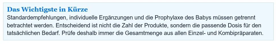 Textblock mit dem Titel 'Das Wichtigste in Kürze' und textliche Erklärung über Dosis- und Produktkontrolle bei Babypräparaten.