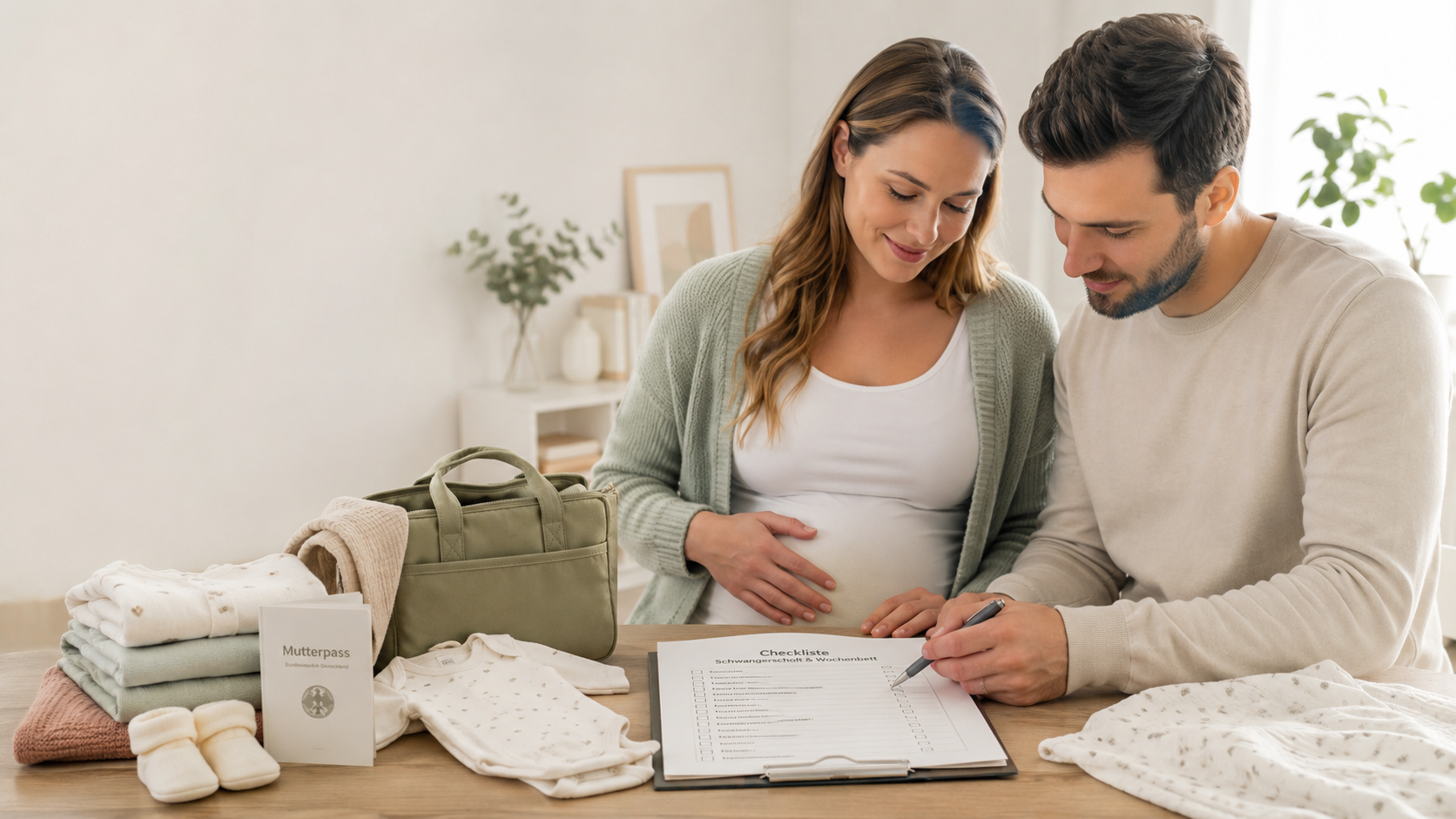 Schwangere Frau und Mann beim Ausfüllen einer Checkliste für die Schwangerschaft, mit Babyausstattung auf einem Tisch