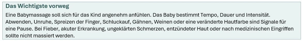 Text in einem Informationskasten über Babymassage, die positive Auswirkungen auf das Baby hat, inklusive Hinweise bei Fieber oder Krankheit.