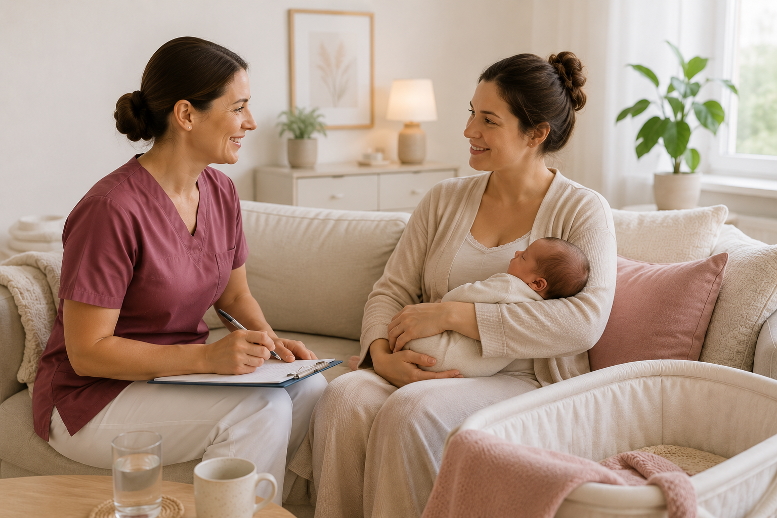 Eine Hebamme spricht mit einer Mutter, die ein Baby im Arm hält, in einem gemütlichen Wohnzimmer.