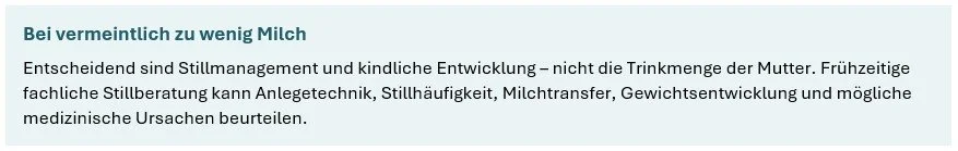 Textblock über Milchmangel bei Säuglingen, Bedeutung von Stillmanagement und kindliche Entwicklung