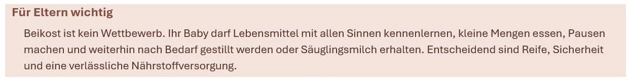 Textabschnitt mit der Überschrift 'Für Eltern wichtig', der Hinweise für Eltern zur Ernährung und Sicherheit ihres Babys enthält.