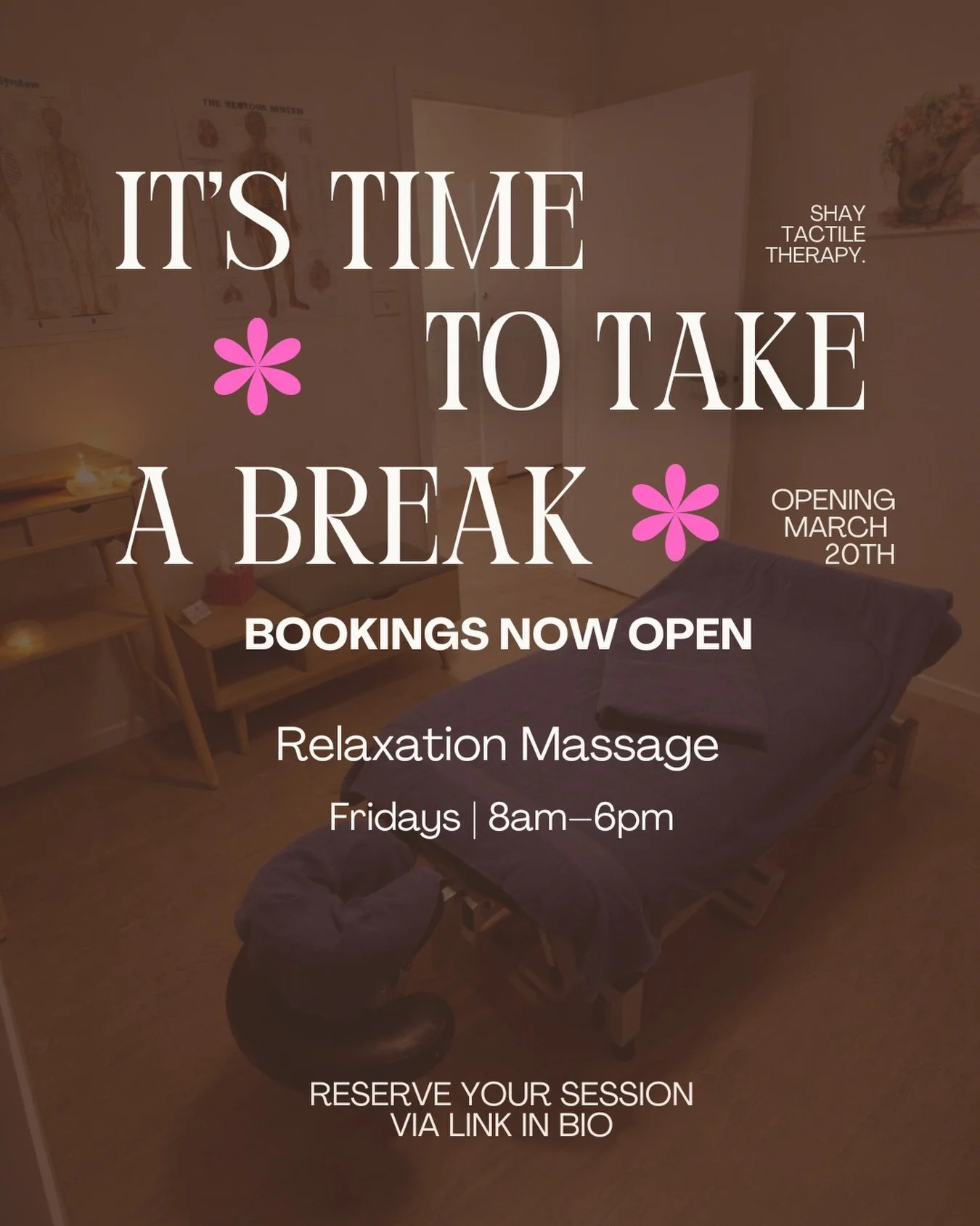 ✨ Bookings are now open

I&rsquo;m so excited to finally open my clinic space for HUMAN Relaxation Massage🥳

Starting March 20th, appointments will be available every Friday from 8am&ndash;6pm.

This space is designed to help you slow down, release 