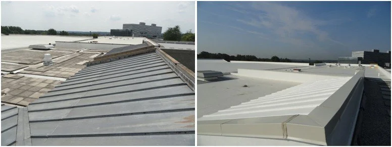 Comparison of old and new building roofs, with the left showing an older, worn roof and the right showing a newer, clean roof.