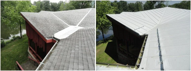 Side-by-side comparison showing a roof with gray shingles on the left and a roof with white reflective material on the right, surrounded by trees.