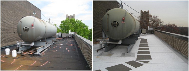 Two images of a rooftop showing a large industrial tank before and after maintenance, with the left image showing a worn surface and the right image showing a newly repaired and sealed surface.