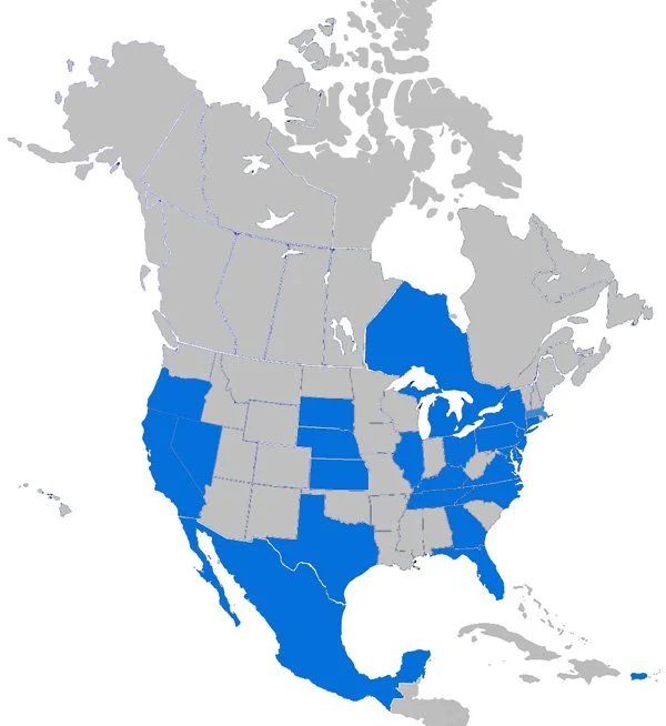 Map of North America with certain regions highlighted in blue, including several U.S. states, parts of Canada, and Mexico.