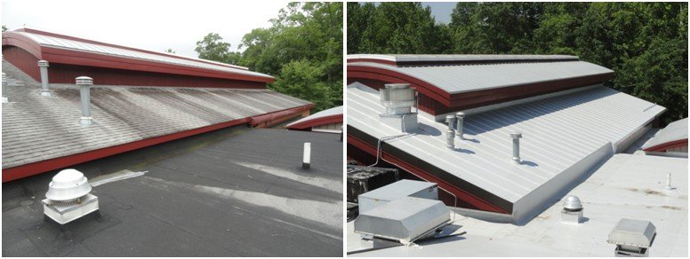 Side-by-side comparison of a roof before and after restoration, showing a weathered roof on the left and a clean, refurbished roof on the right, with visible ventilation pipes and greenery in the background.