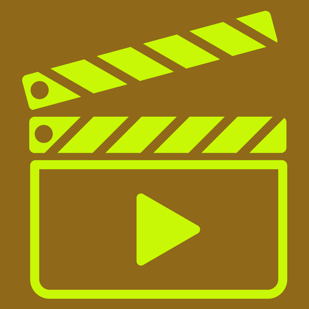 Icon of a clapperboard with a play button in the center, representing video or film production.