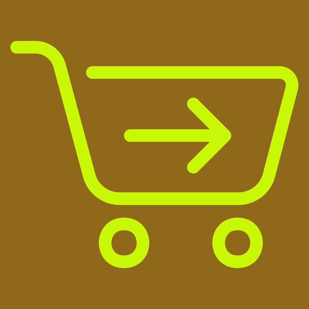 Shopping cart icon with a right-pointing arrow inside, on a brown background.