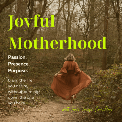 A woman walking away in a forested area, wearing a brown coat, with overlay text about motherhood and coaching.
