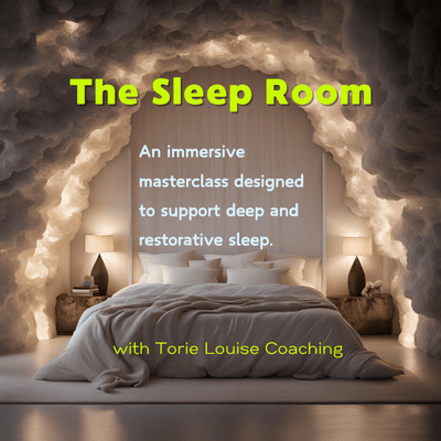A bedroom with a bed in front of a wall that displays text about the sleep room, flanked by two bedside lamps, and surrounded by a cloud-like cave setting, promoting an immersive sleep experience for deep and restful sleep.