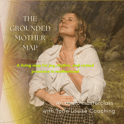 Book cover titled "The Grounded Mother Map" featuring a woman with short brown hair, smiling with her eyes closed, wearing a white blouse, standing outdoors with greenery. Subtitle in yellow says "A living map for joy, rhythm, and rooted presence in motherhood."