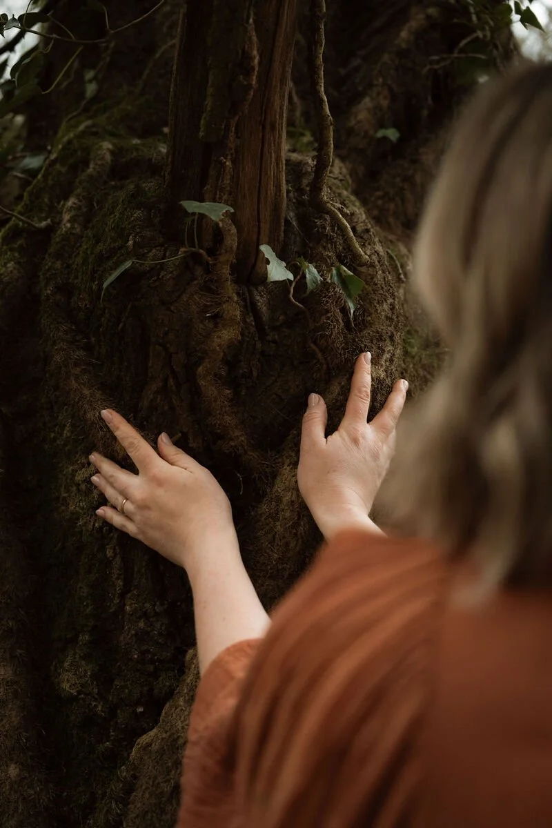 A person with blonde hair touching the face of a tree trunk that resembles a face, in a wooded area.
