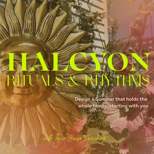 Book cover titled 'Halcyon Rituals & Rain Times' with a gold sun with a face, outdoors with pink flowers and greenery in the background.