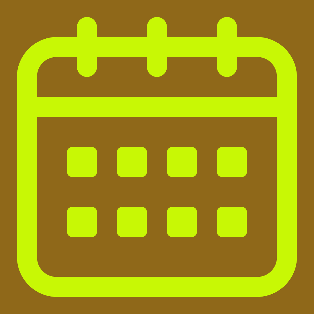 Icon of a calendar with a brown background and lime green outline and details.
