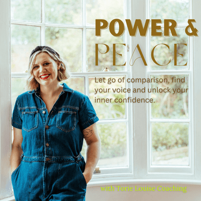 Smiling woman in denim jumpsuit standing in front of a large window with green trees outside, with promotional text about power and peace.