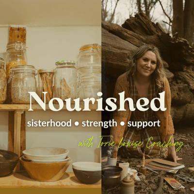 A split image showing on the left shelves with jars of grain and food in a kitchen, and on the right a woman sitting outdoors in a forest setting surrounded by supplies and books.